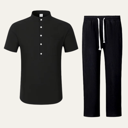 Mens Lightweight Cotton Linen Polo Shirt Pants Set - VibreMode