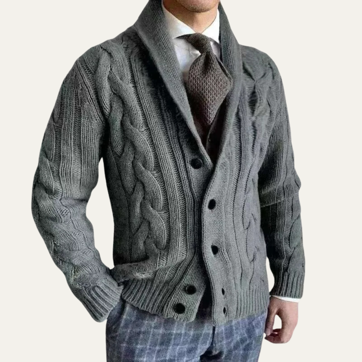 Men's Cable Knit Cardigan Shawl Collar Button Up Beige