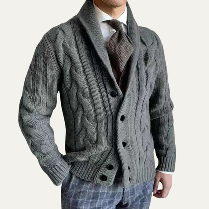 Men's Cable Knit Cardigan Shawl Collar Button Up Beige