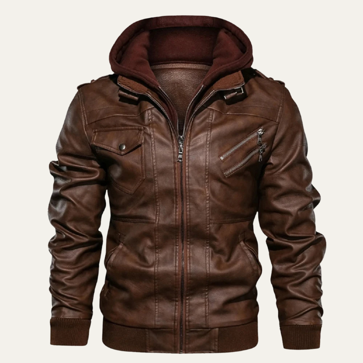 Men's Retro Leather Hooded Jacket With Pockets