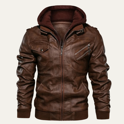 Men's Retro Leather Hooded Jacket With Pockets