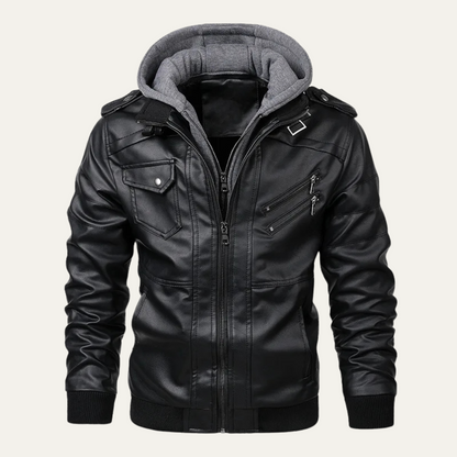 Men's Retro Leather Hooded Jacket With Pockets - VibreMode