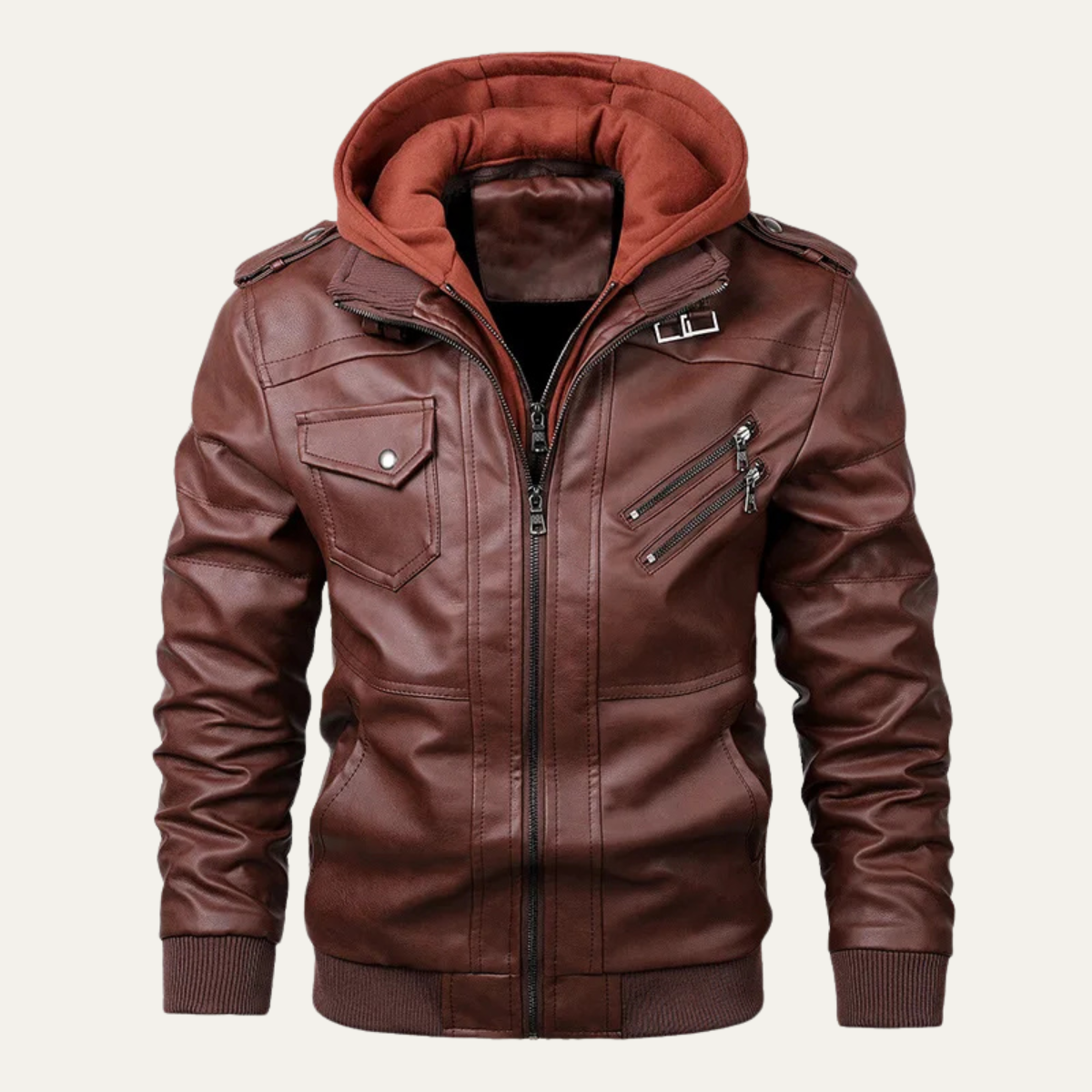 Men's Retro Leather Hooded Jacket With Pockets