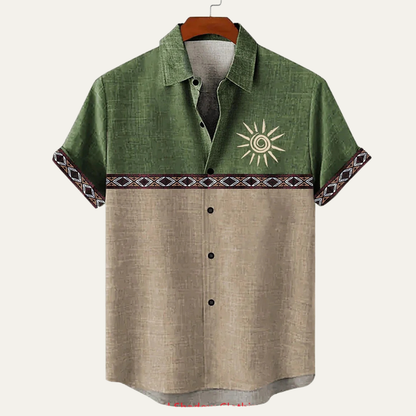 Men's Linen Button Down Shirt Patchwork Style