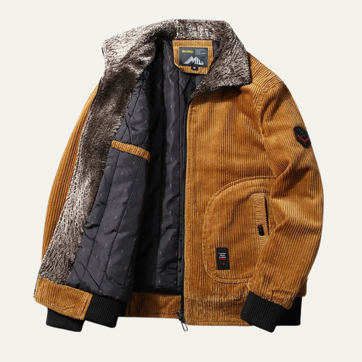 Men's Corduroy Jacket Fleece Lined Fur Collar Zip Up Coat - VibreMode