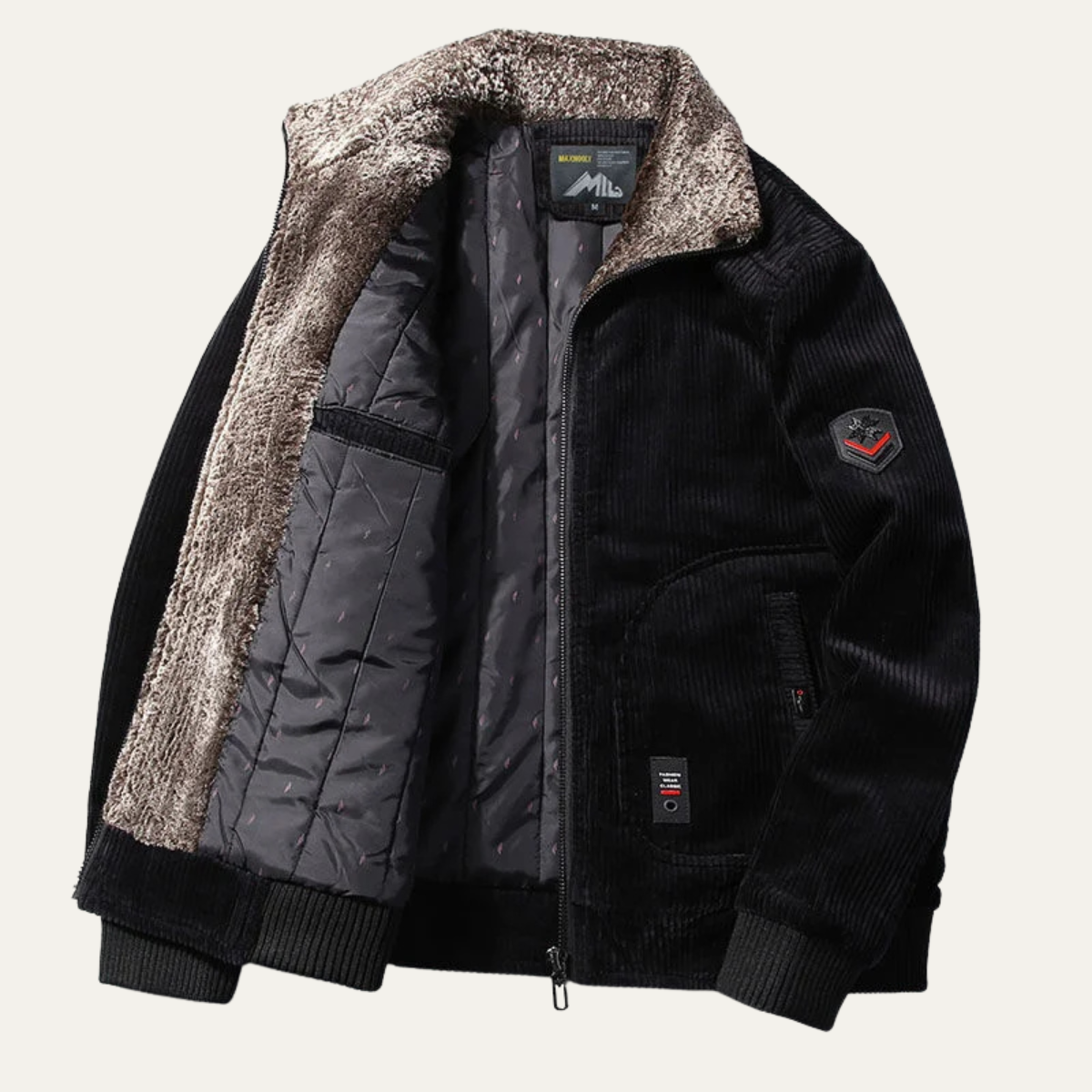 Men's Corduroy Jacket Fleece Lined Fur Collar Zip Up Coat