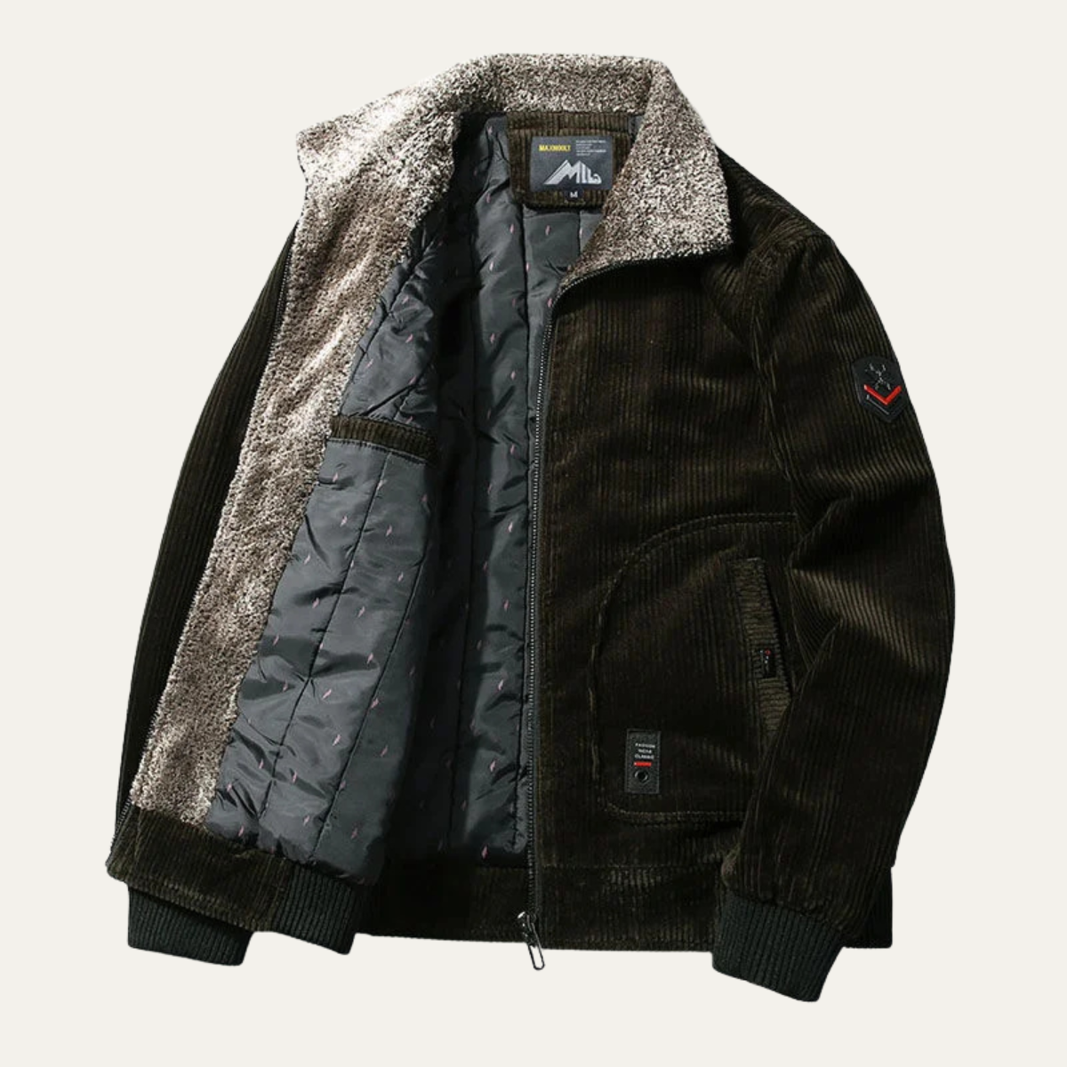 Men's Corduroy Jacket Fleece Lined Fur Collar Zip Up Coat