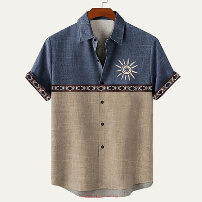 Men's Linen Button Down Shirt Patchwork Style