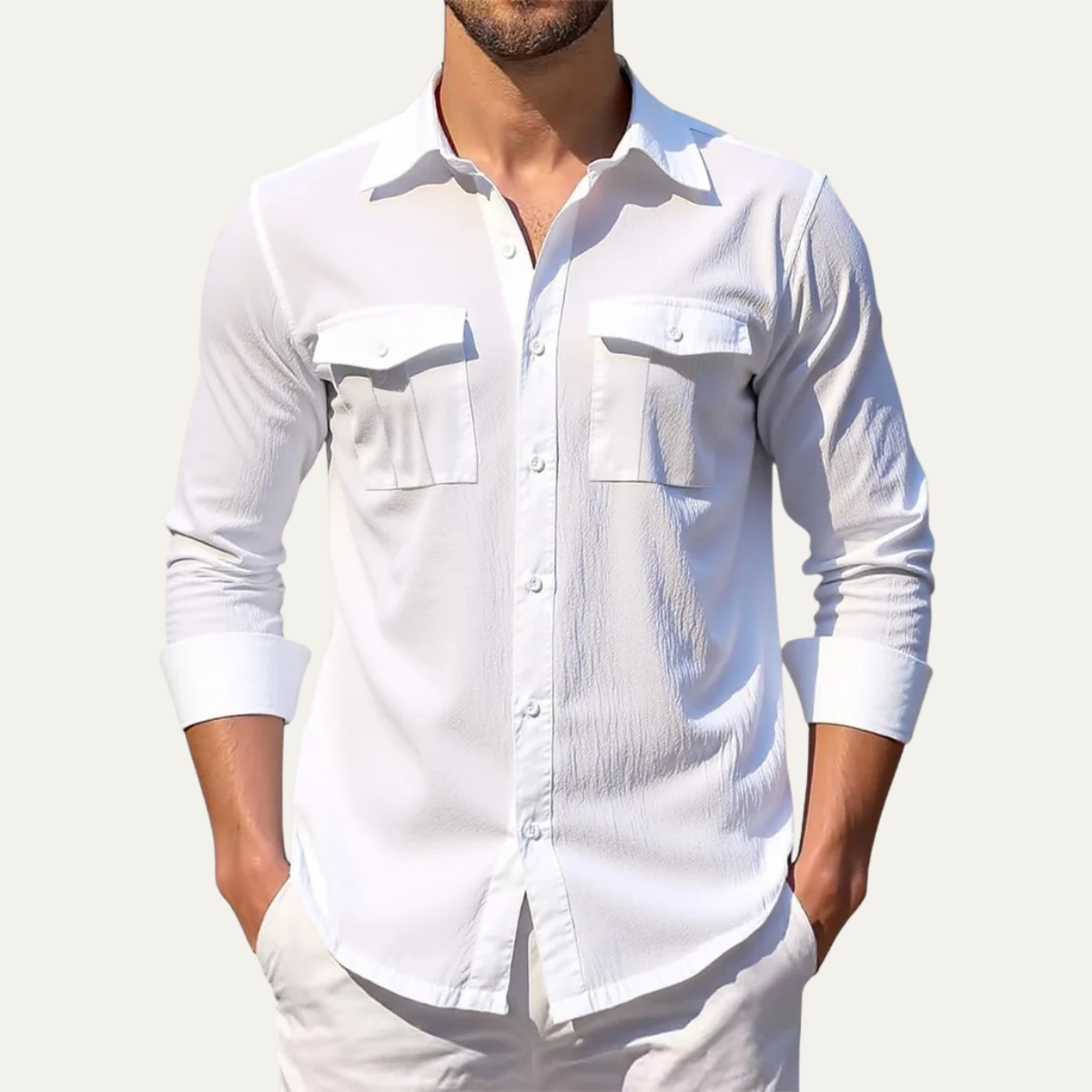 Men's Linen Casual Shirt Double Pocket Beige