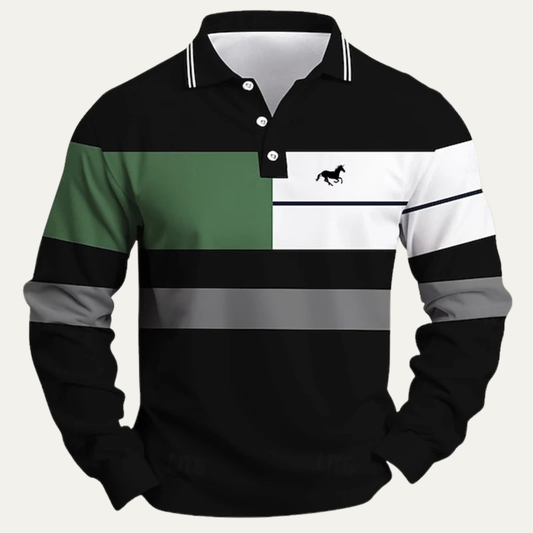 Men's Color Block Striped Long Sleeve Polo Shirt - VibreMode