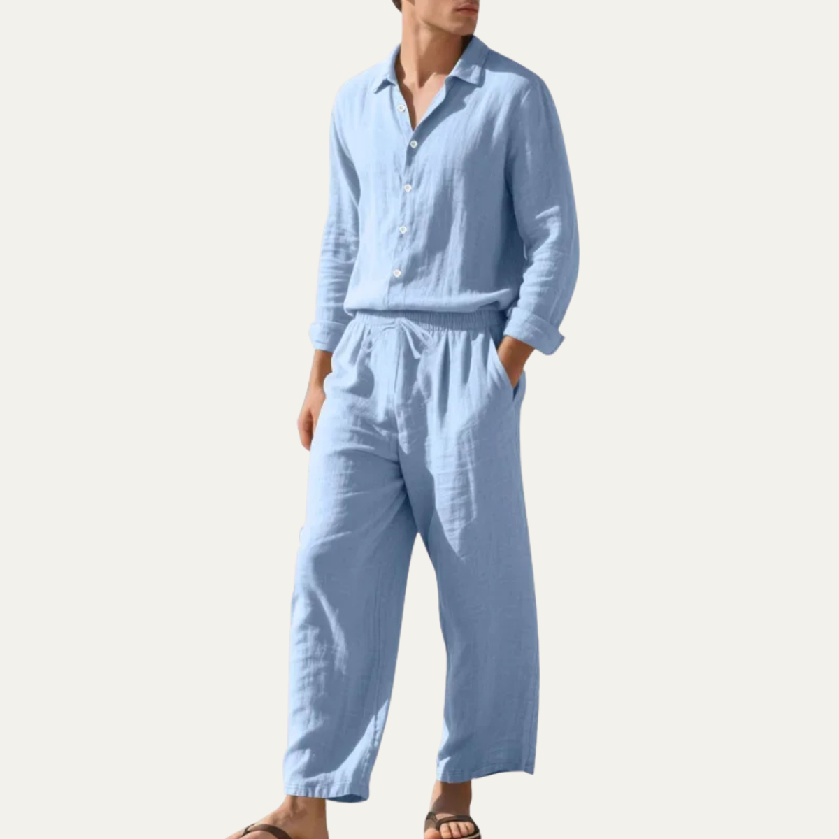 Men's Linen Shirt And Trousers Set Casual Beige