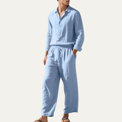 Men's Linen Shirt And Trousers Set Casual Beige