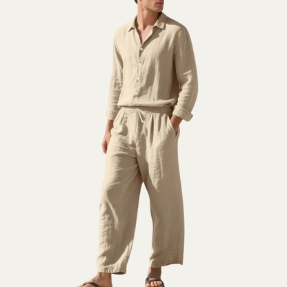 Men's Linen Shirt And Trousers Set Casual Beige