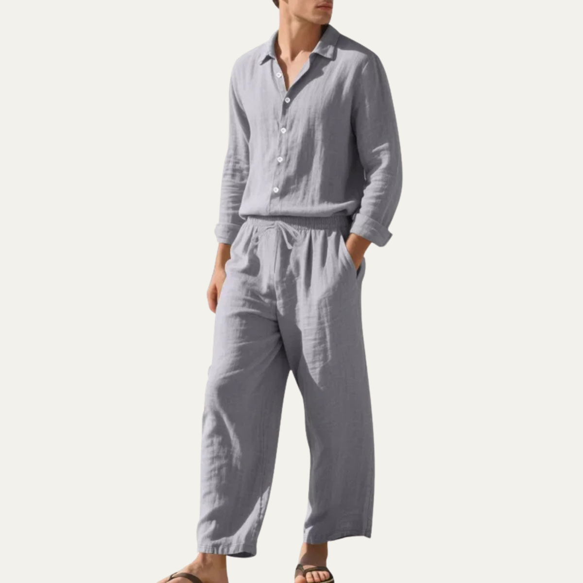 Men's Linen Shirt And Trousers Set Casual Beige