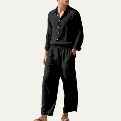 Men's Linen Shirt And Trousers Set Casual Beige