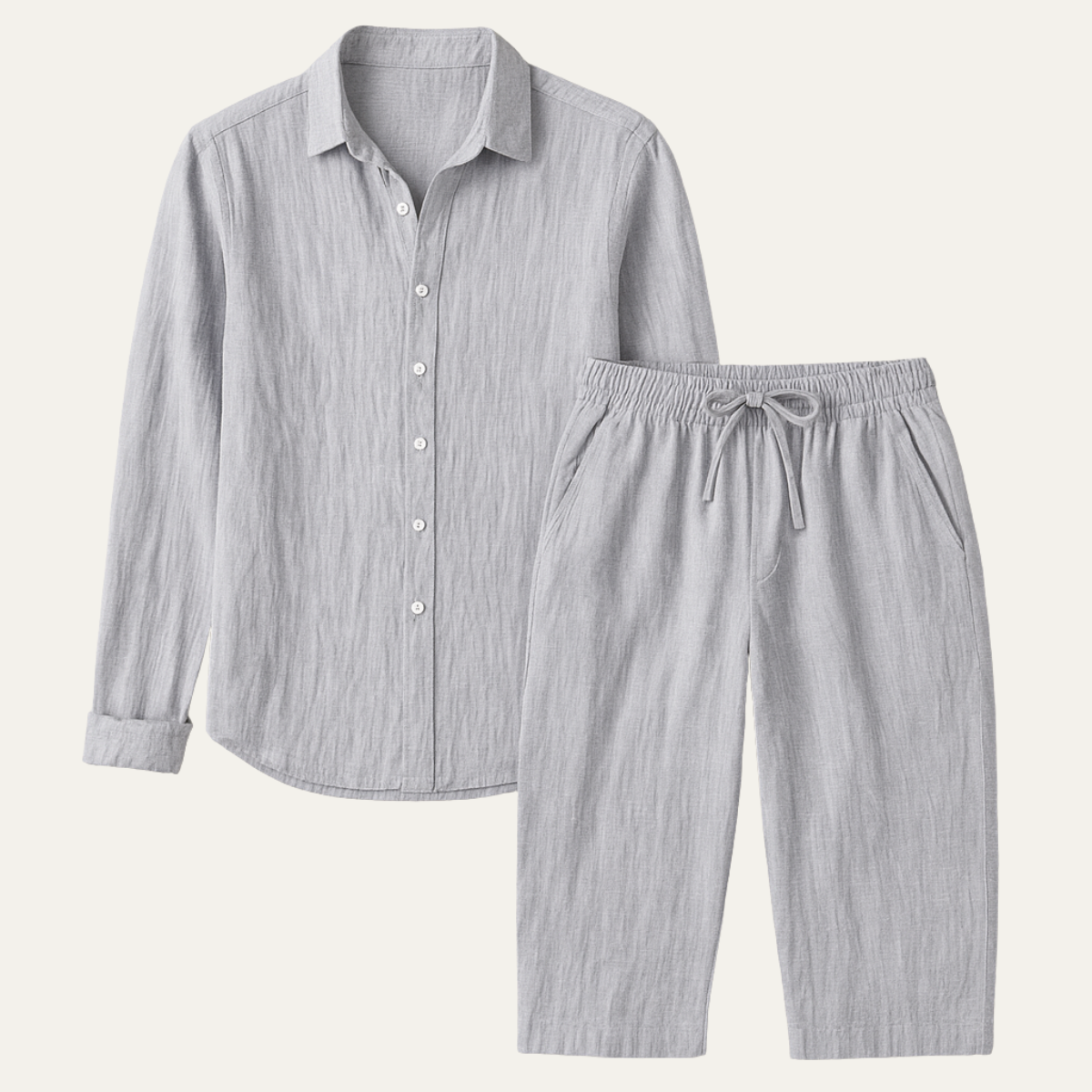 Men's Linen Shirt And Trousers Set Casual Beige - VibreMode