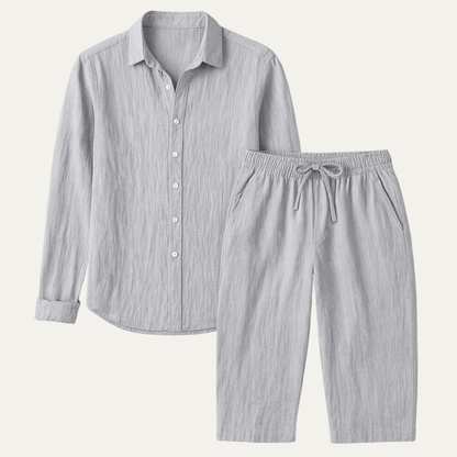 Men's Linen Shirt And Trousers Set Casual Beige - VibreMode