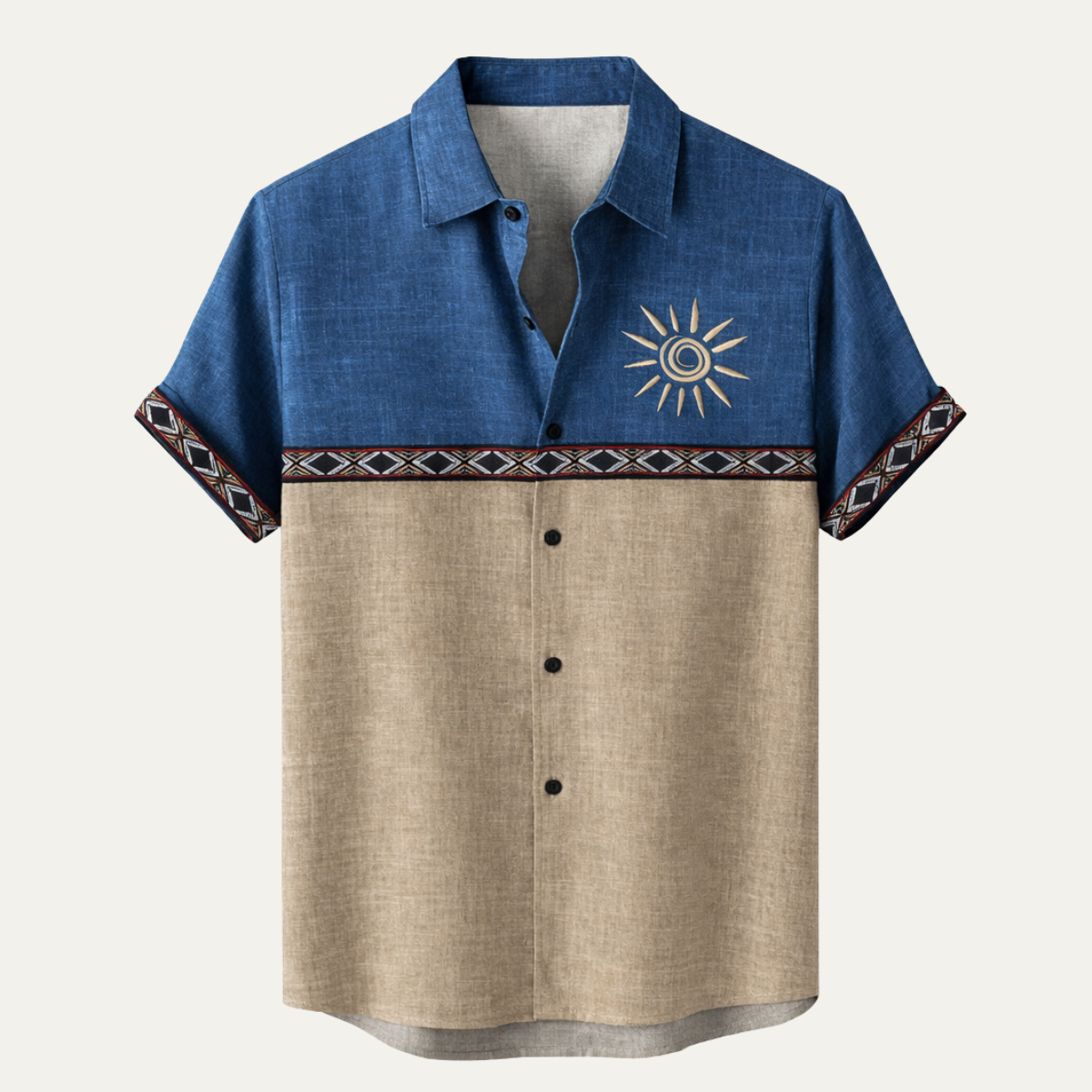 Men's Linen Button Down Shirt Patchwork Vintage Style - VibreMode