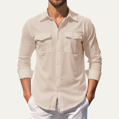 Men's Linen Casual Shirt Double Pocket Beige