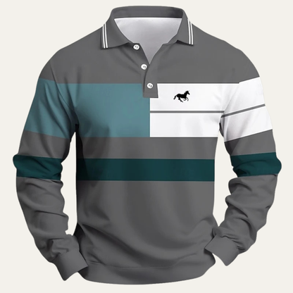 Men's Color Block Striped Long Sleeve Polo Shirt