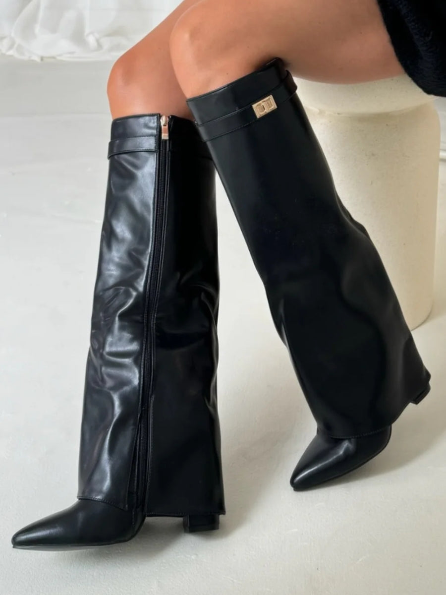 Chic Women's High Heel Leather Knee Boots with Buckle