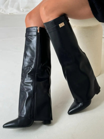 Chic Women's High Heel Leather Knee Boots with Buckle