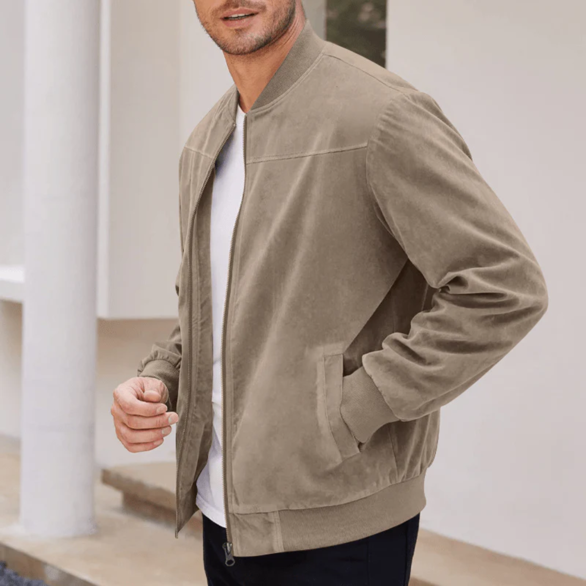 Men's Suede Bomber Jacket Vintage Casual