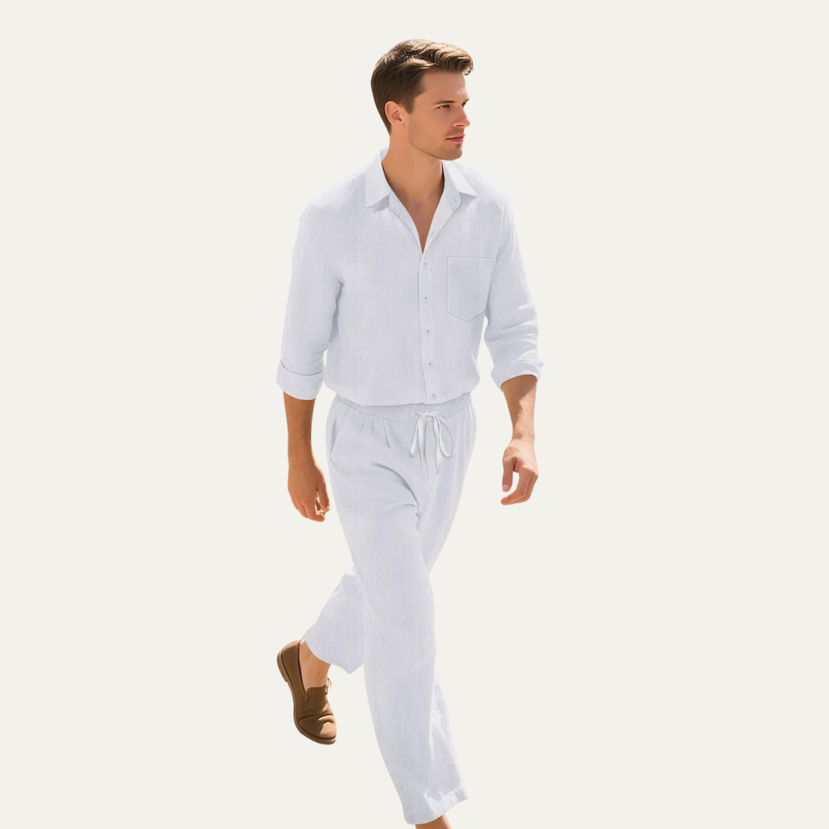 Men's Linen Shirt And Trousers Set Lightweight Beige