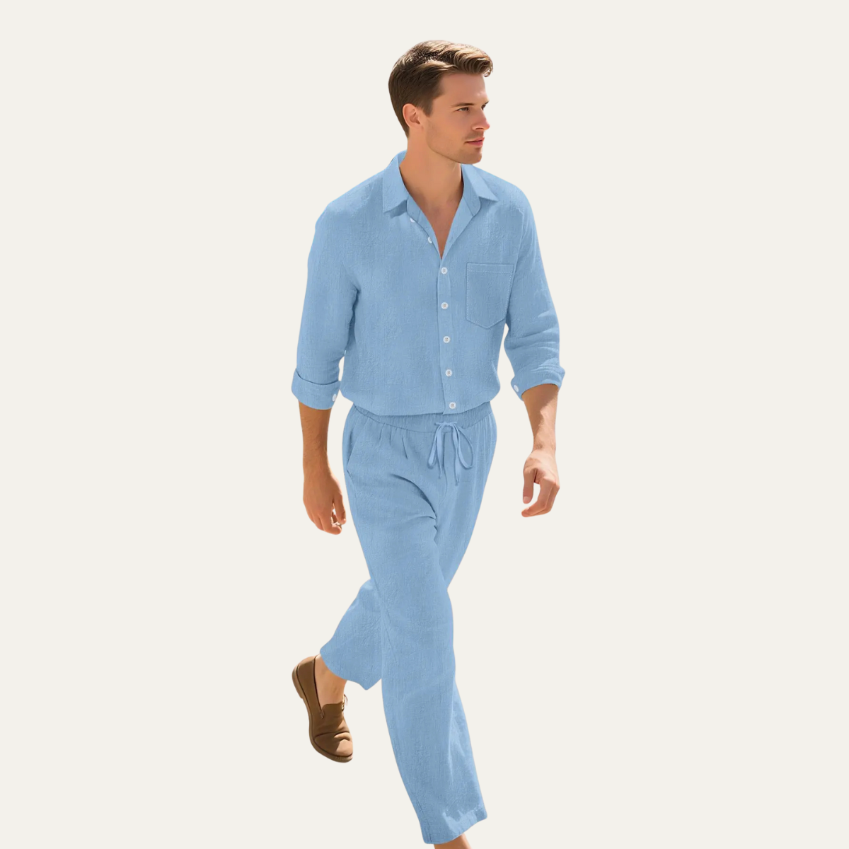 Men's Linen Shirt And Trousers Set Lightweight Beige