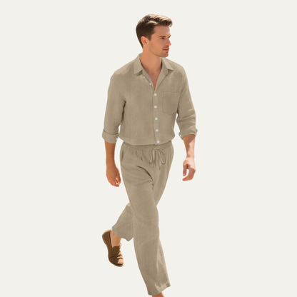 Men's Linen Shirt And Trousers Set Lightweight Beige