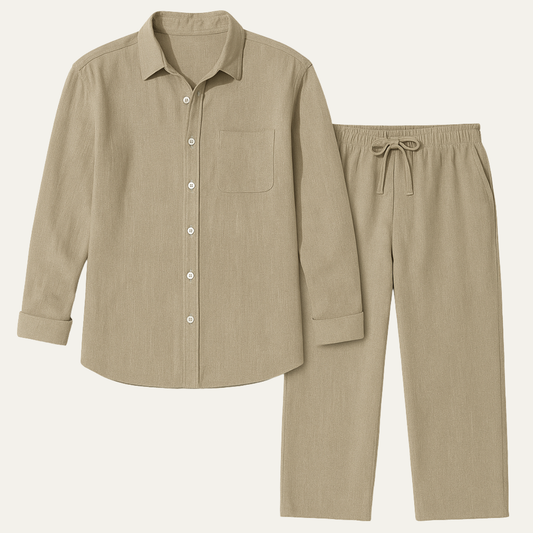 Men's Linen Shirt And Trousers Set Lightweight Beige - VibreMode