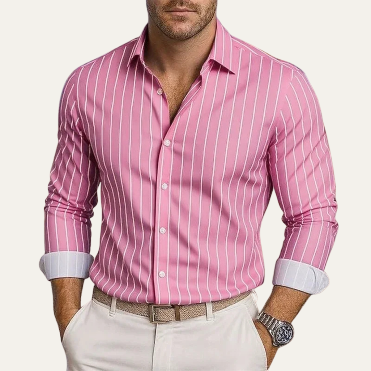 Men's Striped Dress Shirt Button Down Cotton