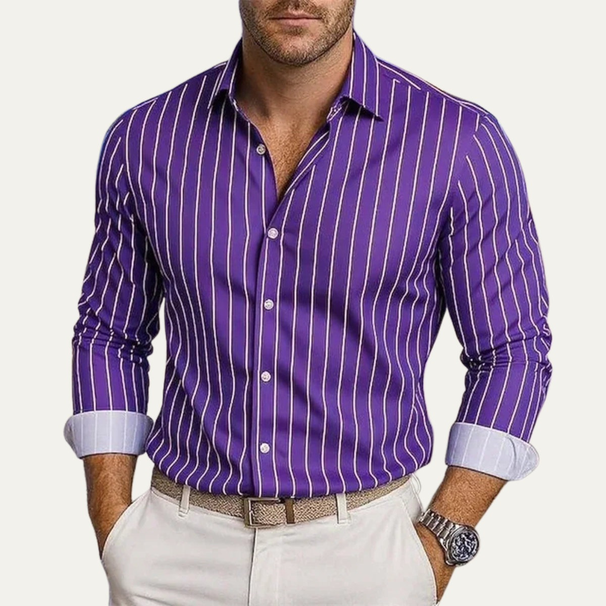 Men's Striped Dress Shirt Button Down Cotton