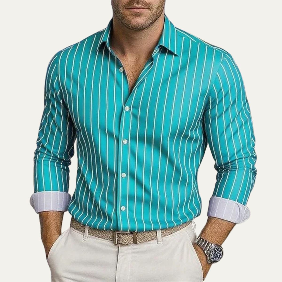 Men's Striped Dress Shirt Button Down Cotton