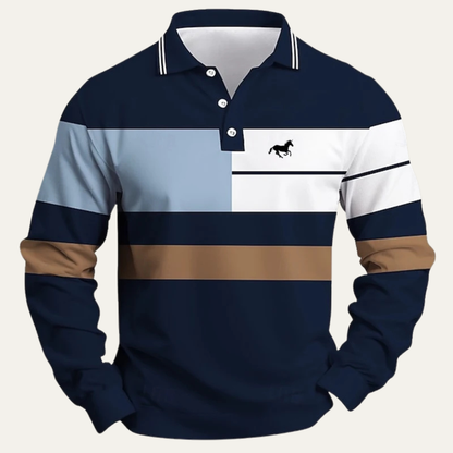 Men's Color Block Striped Long Sleeve Polo Shirt