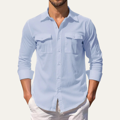 Men's Linen Casual Shirt Double Pocket Beige