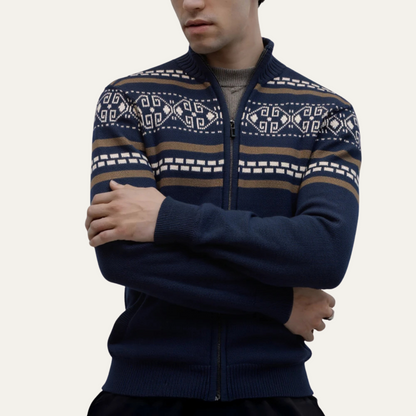 Men's Cotton Cardigan Patterned Zip Up Knit Winter Beige