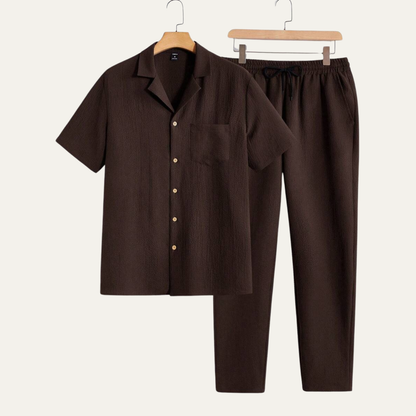 Men's Short Sleeve Shirt And Elastic Waist Trousers Relaxed Fit