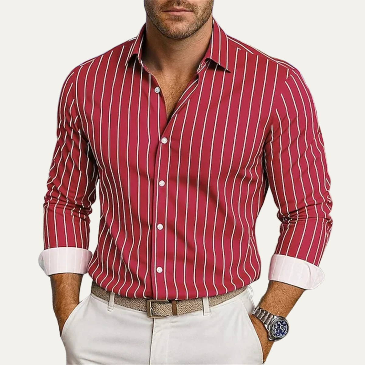 Men's Striped Dress Shirt Button Down Cotton