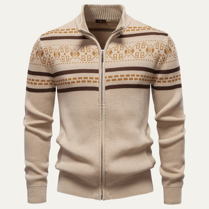 Men's Cotton Cardigan Patterned Zip Up Knit Winter Beige