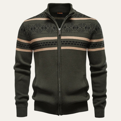 Men's Cotton Cardigan Patterned Zip Up Knit Winter Beige