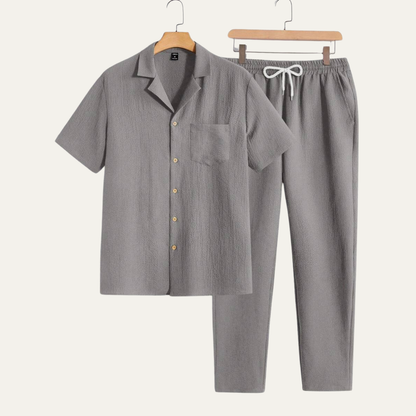 Men's Short Sleeve Shirt And Elastic Waist Trousers Relaxed Fit
