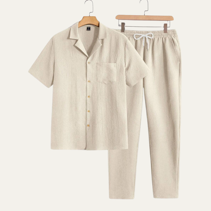 Men's Short Sleeve Shirt And Elastic Waist Trousers Relaxed Fit