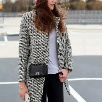 Women's Houndstooth Winter Coat Wool Button Front Black