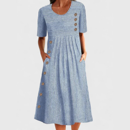 Casual Button Front Stripe Dress - VibreMode