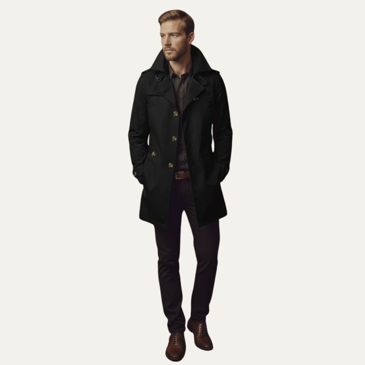 Men's Slim Fit Trench Coat Single Breasted Wool Black