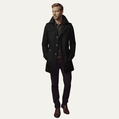Men's Slim Fit Trench Coat Single Breasted Wool Black
