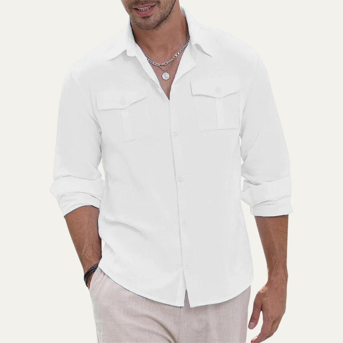 Grosseto Men's Cotton Linen Cargo Shirt Double Pocket