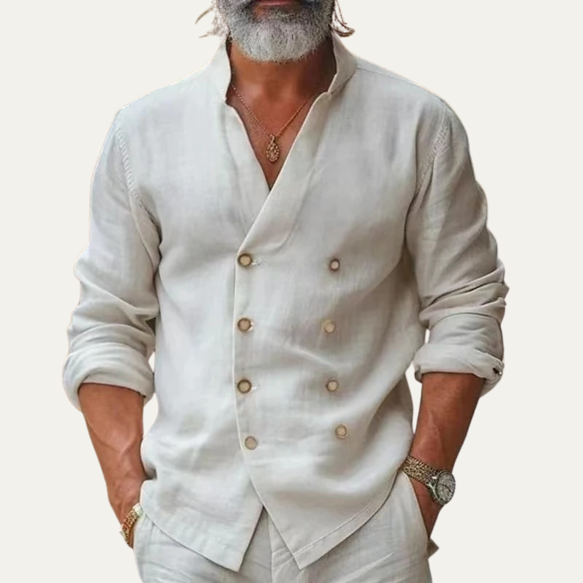 Men's Double Breasted Shirt Stand Collar Vintage Style