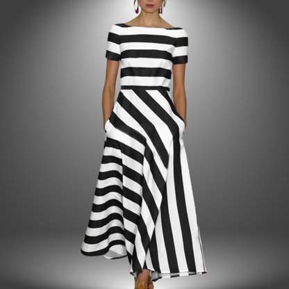 Women's Asymmetric Stripe Midi Dress Short Sleeve
